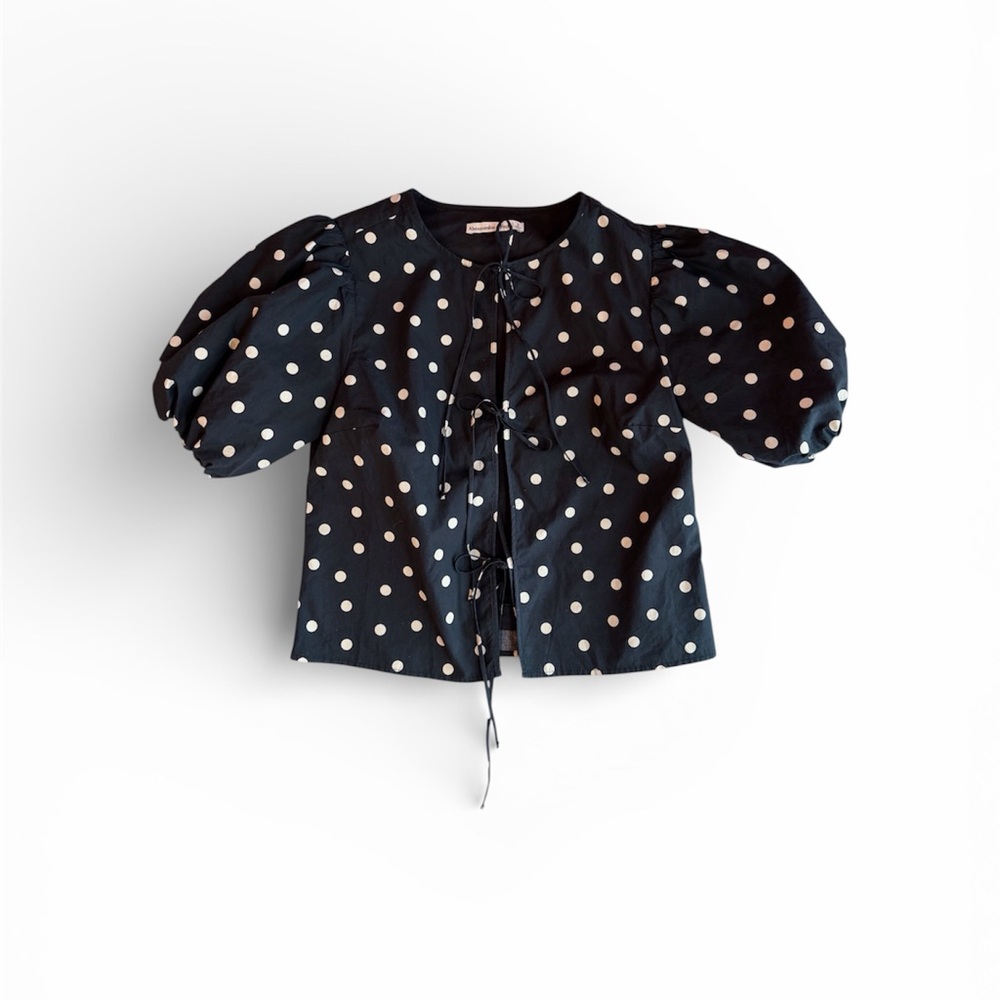 Abercrombie & Fitch Women Short Sleeve Tie-Front Top Blouse Shirt Black Polk Dot - Picture 3 of 5